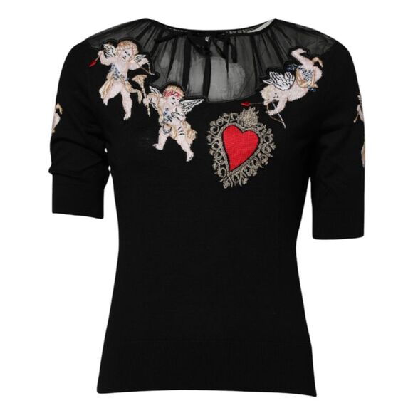 Dolce & Gabbana Black Sacred Heart Embroidered Crewneck Women's Top